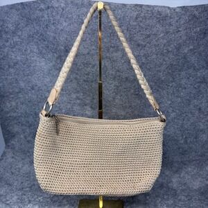 Vintage Lina Purse Woven Crochet Tan Beige Hand Bag Zipper Closure